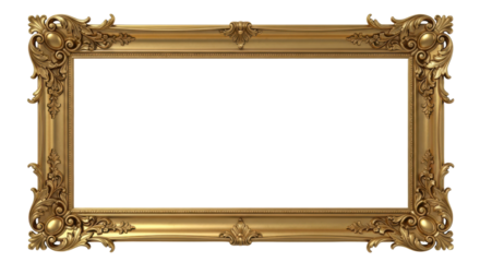 Luxurious antique gold picture frame with ornate details isolated on white background