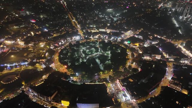 Aerial night drone shot of Connaught Place, New Delhi, India