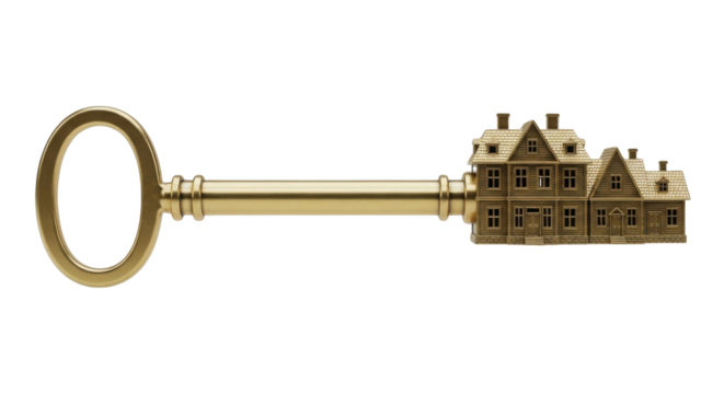 Golden key shaped like houses representing real estate investment or home ownership success isolated on white