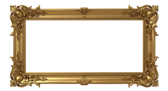 Luxurious antique gold picture frame with ornate details isolated on white background