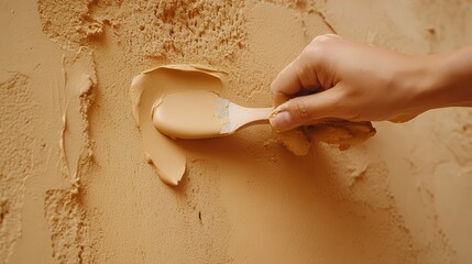 A hand skillfully applies plaster to a textured wall, smoothing the surface for finishing