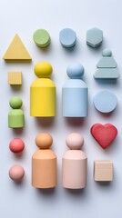 Family bonding over Montessori-style pastel toys on a clean white background