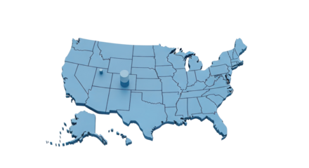 3D USA map illustration with blue location pushpin isolated on white background