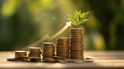 Growing plant on stacks of gold coins with upward arrow symbolizing financial growth and investment success in natural sunlight on wooden surface