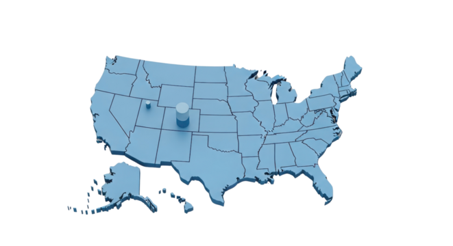 3D USA map illustration with blue location pushpin isolated on white background