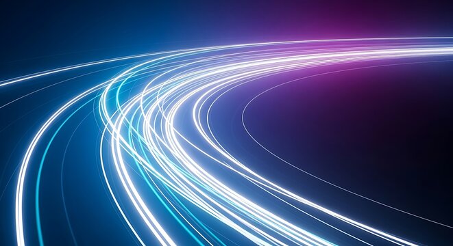 High Speed Abstract Technology Background With Dynamic Neon Light Trails Moving Across A Dark Blue And Vibrant Purple Gradient Backdrop Representing Digital Data Flow And Fast Internet Conne