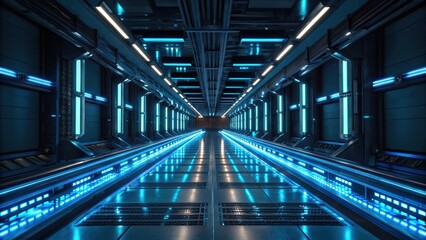 Obraz premium A futuristic factory interior with glowing blue conveyor belts and metallic reflections