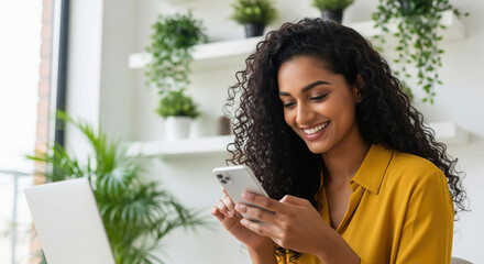 A joyful Indian woman with curly hair uses her smartphone at a modern workspace