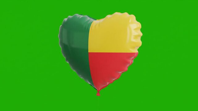 Heartshaped balloon featuring the national flag of Benin rotating and floating against a vibrant green screen background symbolizing love and patriotism for the country.