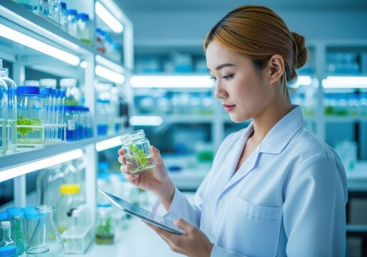 Scientist examining plant in laboratory with tablet