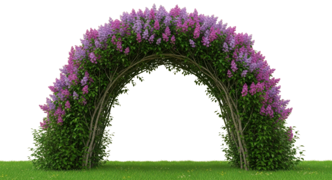 Decorative floral archway covered with purple lilac flowers isolated on white background