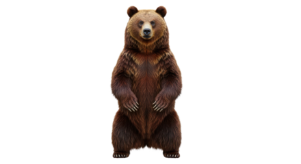 Large brown bear standing upright on its hind legs isolated on white background