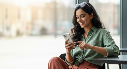 Young beautiful indian woman using smartphone