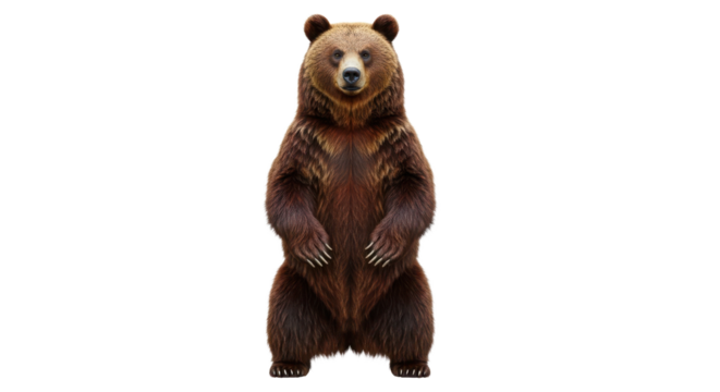 Large brown bear standing upright on its hind legs isolated on white background