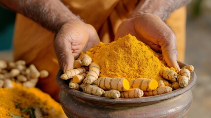 Hands holding fresh turmeric roots and vibrant yellow turmeric powder in a rustic setting