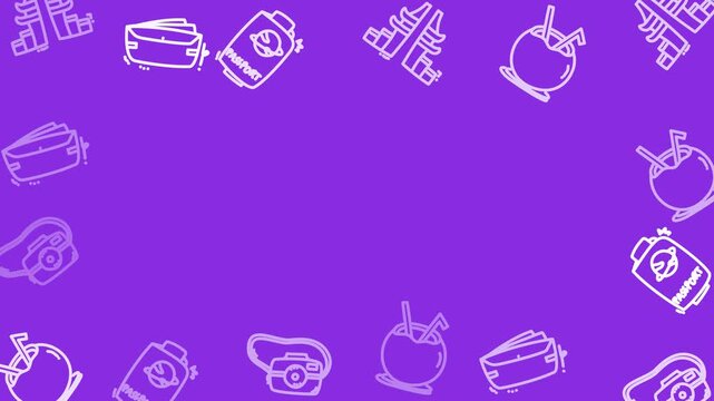 Playful Travel Essentials Pattern on Vibrant Purple Background