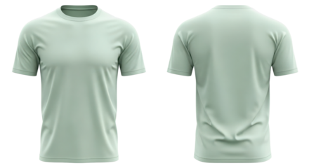 Blank mint green T-shirt mockup, front and back view, isolated on white background