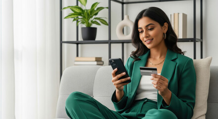 young woman sitting on couch using smartphone and holding card