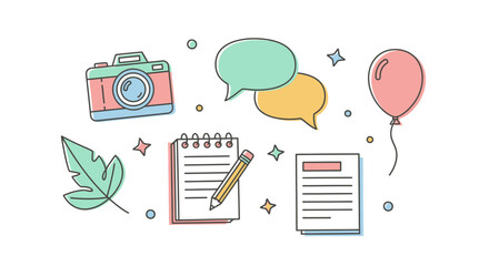 A charming doodle set of creative items including a camera, notebook, speech bubbles, and a balloon for blogging or journaling.