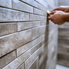 Hands installing wall tiles in a bathroom, showcasing precision and craftsmanship in home renovation