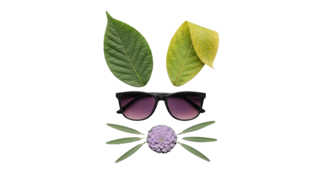 Easter bunny face made of green leaves and sunglasses isolated on white background