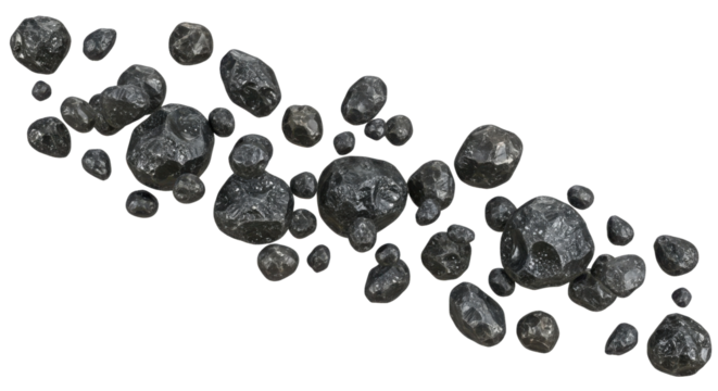 Scattered black rocks and mineral fragments floating isolated on white background