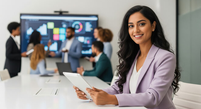 A confident young Indian businesswoman holds a tablet during a modern conference, with her team discussing at the boardroom table. - Powered by Adobe