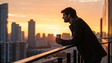 Man enjoying sunset over city skyline balcony view lifestyle content urban environment cinematic perspective