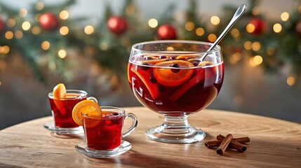 Traditional British Christmas Punch in Glass Bowl with Festive Garnishes 