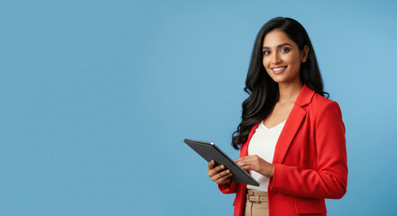 confident Indian businesswoman in blazer stands and holding a tablet