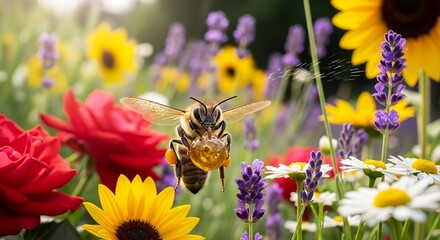bee on a flower in the  beautiful garden