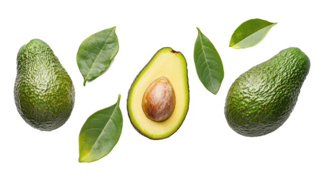 A close up of a green avocado with a leaf on top