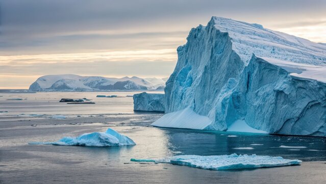 A gigantic iceberg with intricate blue glacial formations floating in the arctic ocean against a backdrop of distant snowy mountains