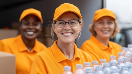 Three enthusiastic volunteers wear bright orange uniforms while joyfully packing water bottles. Their smiles reflect a sense of teamwork and dedication to helping those in need