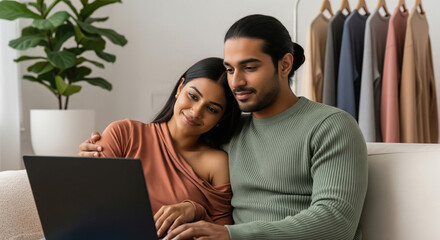 A young Indian couple sits comfortably together at home, sharing a cozy moment and working or relaxing on a laptop