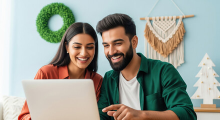 A joyful young Indian couple sits closely together at home, smiling as they engage with a laptop
