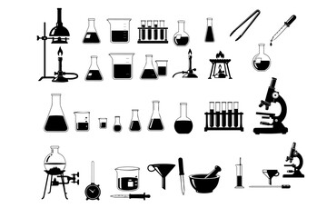 Hospital signage glyph Doctor Nurse Hospital Stethoscope Medicine Equipment Medical tools set collection pack lab tools silhouettes pack