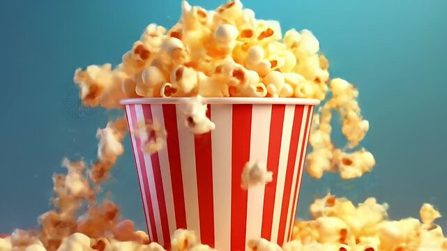 Delicious popcorn overflowing from a classic striped container, perfect snack time video