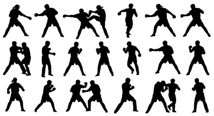 Fototapeta premium Dynamic Silhouettes of Boxers and Martial Artists in Various Action Poses.