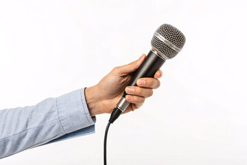 Confident hand holding professional microphone ready for podcasting or live performance in studio or stage setting broadcasting voice clearly
