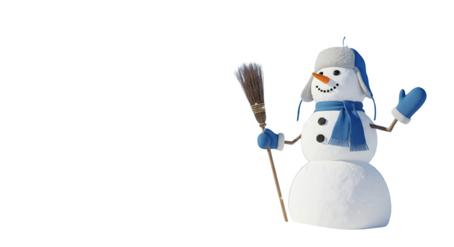 Traditional Snowman character wearing blue scarf and winter hat holding a broom. isolated PNG with Transparent Background