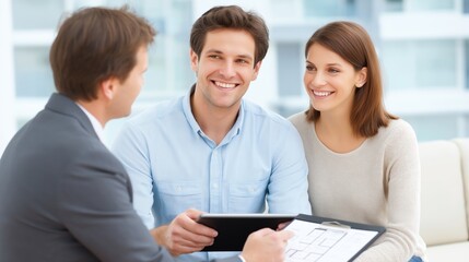 A real estate agent enthusiastically presents property details on a tablet to a couple. They sit in a bright, contemporary office space, exploring their future home options together