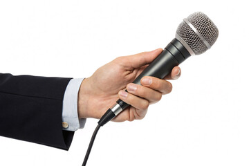 Professional businessman holding microphone ready to speak at a conference or give an important presentation with conviction and clarity