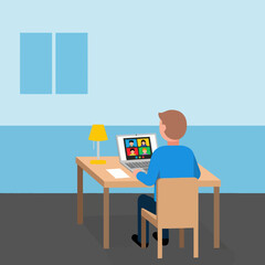 A man in a blue shirt at a desk during an online video conference call.