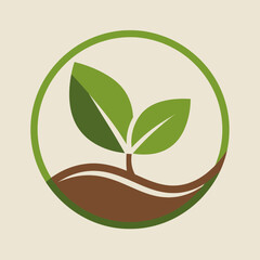 A minimalist logo of a green plant sprout with two leaves growing from brown soil, enclosed in a circular frame.