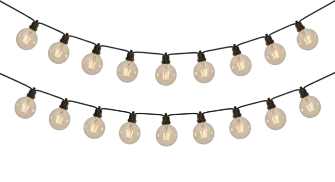 Decorative glowing vintage globe string lights for outdoor patio party event design isolated PNG with Transparent Background