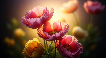 Stunning macro shot of glowing pink flowers at sunrise.