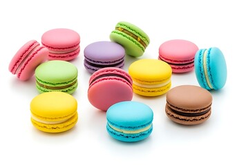 Assorted French macarons, round delicate cookies with smooth texture, isolated on white, ideal for dessert photography and social media.