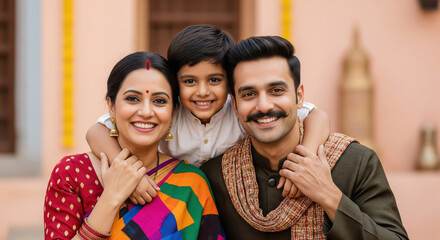 A joyful Indian family mother, father, and son sit closely together in ethnic attire, sharing a moment of warmth, love, and unity.