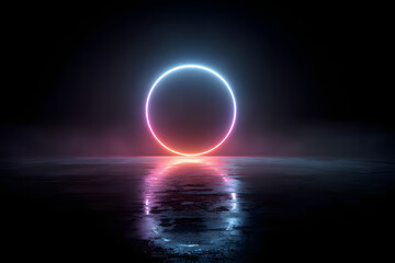 3d render, blue pink neon round frame, circle, ring shape, empty space, ultraviolet light, 80's retro style, fashion show stage, abstract background